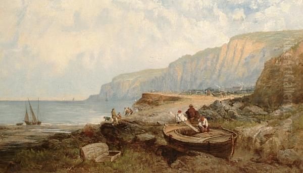 An Extensive Coastal Landscape With Figures Repairing A Boat In The Foreground Oil Painting by James Holland