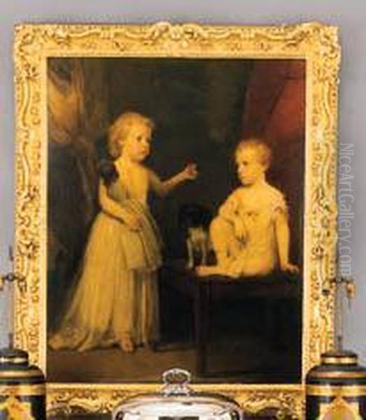 Portrait Of Two Children, One 
Seated On A Table With His Dog, Theother Standing Small Full Length 
Holding A Doll And A Ball Oil Painting by John Hoppner