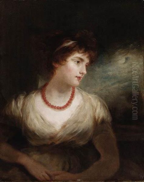 Portrait Of Miss Sarah Gale, Half Length, In A Landscape Oil Painting by John Hoppner