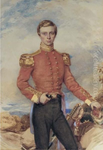 Portrait Of An Infantry Officer, Three-quarter-length, Standing In A Rugged Landscape Oil Painting by John Hoppner