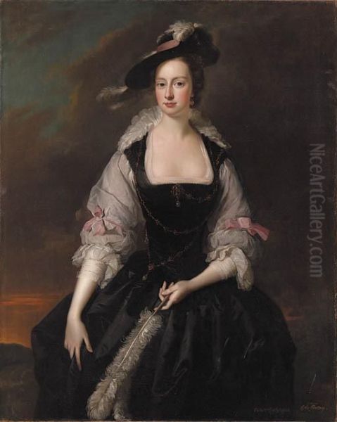 Portrait Of Lady Frances 
Courtenay (d.1761), Daughter Of Heneagefinch, 2nd Earl Of Aylesford, 
Three-quarter-length, In Black Andwhite Van Dyck Costume With Pink Bows,
 In A Landscape Oil Painting by Thomas Hudson