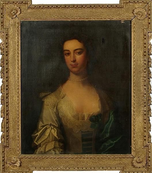 Portrait Of A Young Lady, Bust-length, In A White Dress With Lace Trim And A Blue Shawl Oil Painting by Thomas Hudson