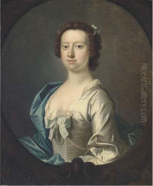 Portrait Of A Lady, Half-length, In A White Dress And Blue Wrap, Ina Sculpted Oval Oil Painting by Thomas Hudson