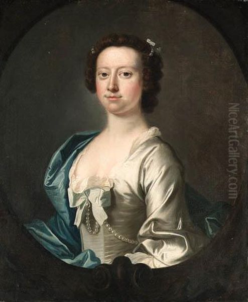 Portrait Of A Lady, Half-length, In A White Dress And A Blue Wrap,sculpted Oval Oil Painting by Thomas Hudson