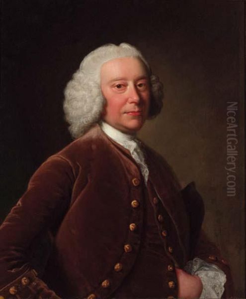 Portrait Of A Gentleman, 
Half-length, In A Brown Coat Andwaistcoat, A Tricorn Under His Arm Oil Painting by Thomas Hudson