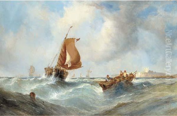 Fishing Boats In Close Quarters Off The Coast Oil Painting by William Calcott Knell