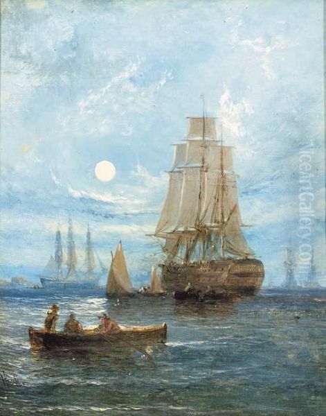 A Two-decker Departing By Moonlight; And A Fishing Vessel Running Into An Estuary Oil Painting by William Calcott Knell