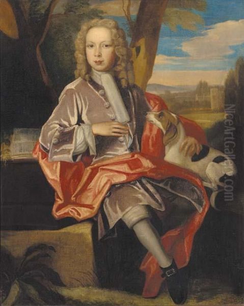 Portrait Of Sir Thomas Dodwell, 
Seated Full-length, In A Grey Coat With A Red Mantle, His Arm Resting On
 A Book, His Dog By His Side, Sandywell Park Beyond Oil Painting by Sir Godfrey Kneller