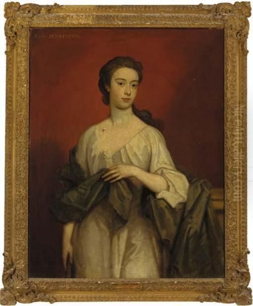 Portrait Of Lady Jenkinson, 
Three-quarter-length, In A White Dress With Green Wrap, Resting Her Arm 
On A Plinth Oil Painting by Sir Godfrey Kneller