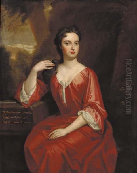 Portrait Of Elizabeth, 
Marchioness Of Carmarthen, Seated Three-quarter-length, In A Red Dress, 
By A Fountain, In A Landscape Oil Painting by Sir Godfrey Kneller