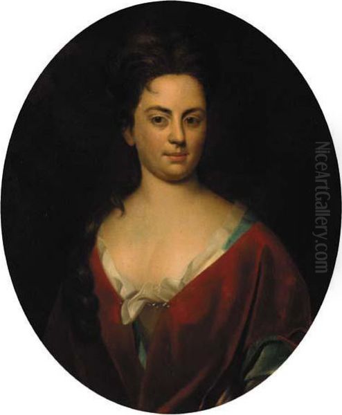 Portrait Of A Lady, Half-length, In A Blue Dress With Red Wrap Oil Painting by Sir Godfrey Kneller