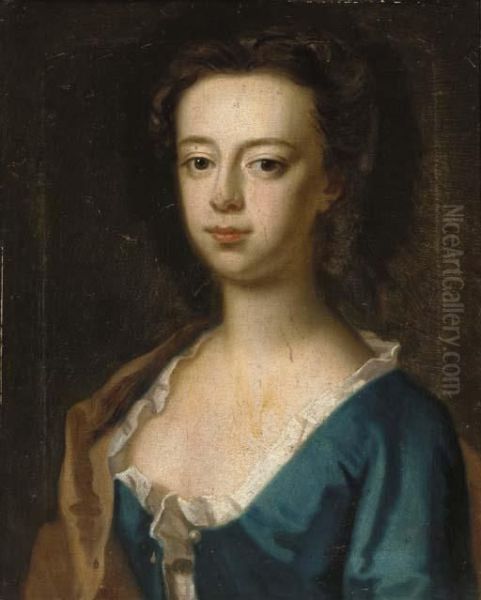 Portrait Of A Lady, Bust-length, In A Blue Dress And Brown Wrap Oil Painting by Sir Godfrey Kneller