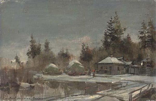 A Russian Riverside Village In Winter Oil Painting by Konstantin Alexeievitch Korovin