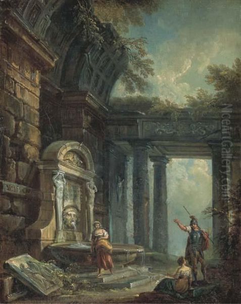 Un Soldat Et Deux Femmes Devant Une Fontaine Antique Oil Painting by Jean-Baptiste Lallemand