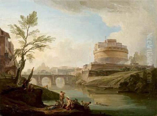 Ponte E Castel Sant'angelo A Roma, Con San Pietro Sullo Sfondo Oil Painting by Jean-Baptiste Lallemand