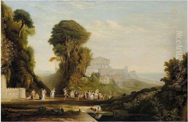 Classical Landscape With Temples And A Festive Procession Oil Painting by Claude Lorrain (Gellee)