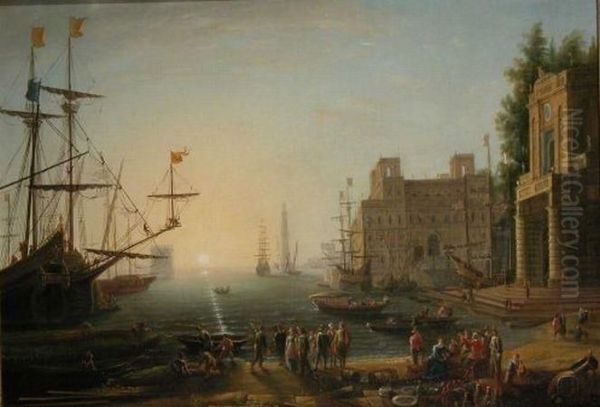 Busy Harbor Oil Painting by Claude Lorrain (Gellee)