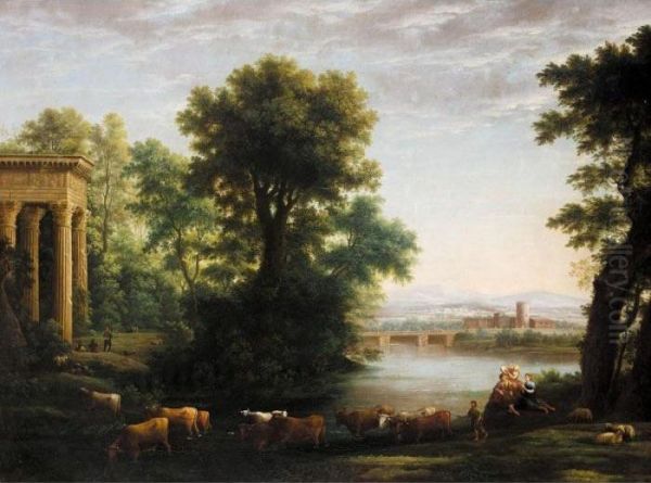 A Pastoral Landscape With Drovers And Cattle Fording A River Before A Classical Portico Oil Painting by Claude Lorrain (Gellee)