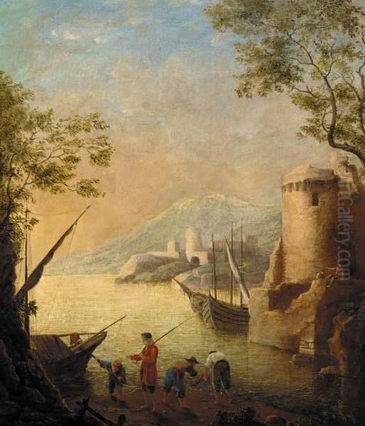 A Harbour At Sunset With Fishermen By The Shore Oil Painting by Claude Lorrain (Gellee)