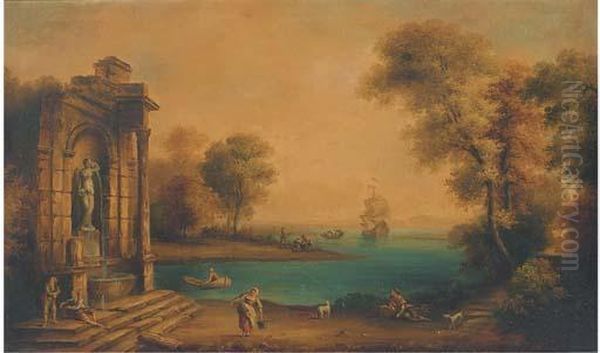 A Coastal Landscape With Shipping And Figures By A Classicalfountain Oil Painting by Claude Lorrain (Gellee)