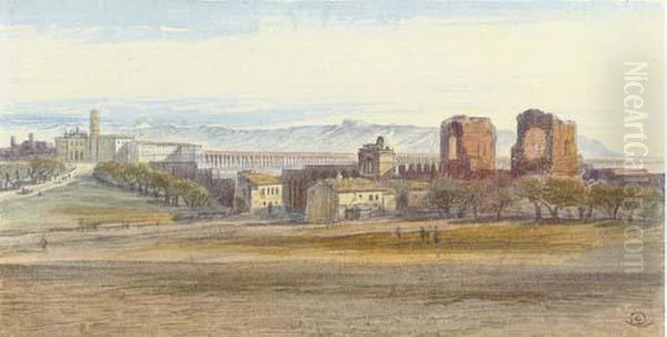 St John Lateran And The Claudian Aqueduct, Rome, Italy Oil Painting by Edward Lear