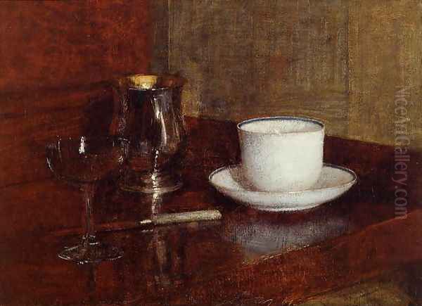 Still Life: Glass, Silver Goblet and Cup of Champagne Oil Painting by Ignace Henri Jean Fantin-Latour