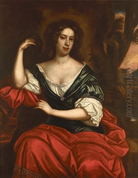 Portrait Of A Lady, Seated 
Three-quarter-length, In A Blue And White Dress With A Crimson Shawl, A 
View To A Landscape Beyond Oil Painting by Sir Peter Lely