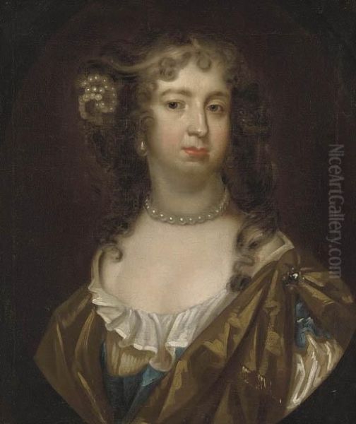 Portrait Of A Lady, Possibly 
Barbara Villiers, Countess Ofcastlemaine, Bust Length With A Pearl 
Necklace In A Feignedoval Oil Painting by Sir Peter Lely