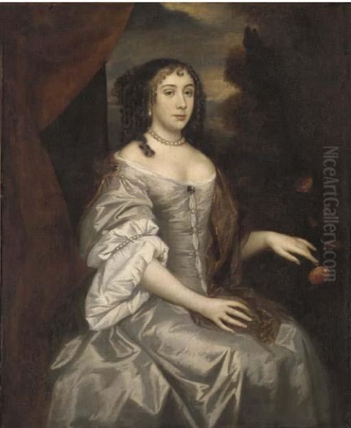 Portrait Of A Lady Underhill, 
Seated Three-quarter-length, In A Silver Dress, And Brown Wrap Oil Painting by Sir Peter Lely