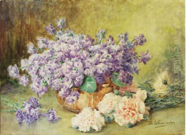 Bouquet De Fleurs Mauves Et Jetee De Pivoines Oil Painting by Madeleine Jeanne Lemaire