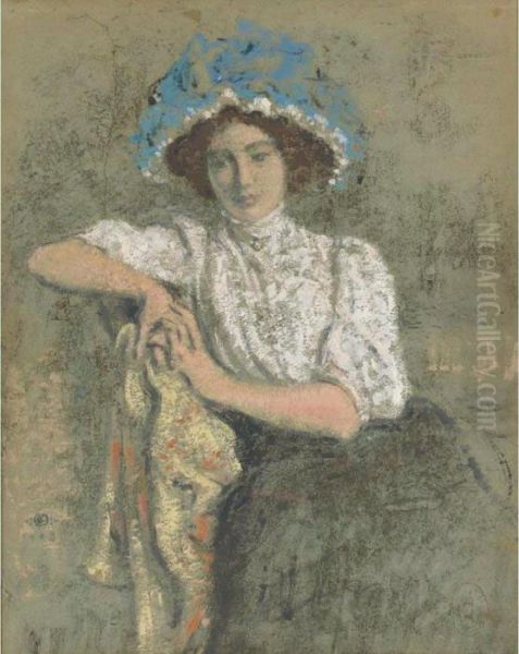 Jeune Fille Assise Au Chapeau Bleu Oil Painting by Georges Lemmen