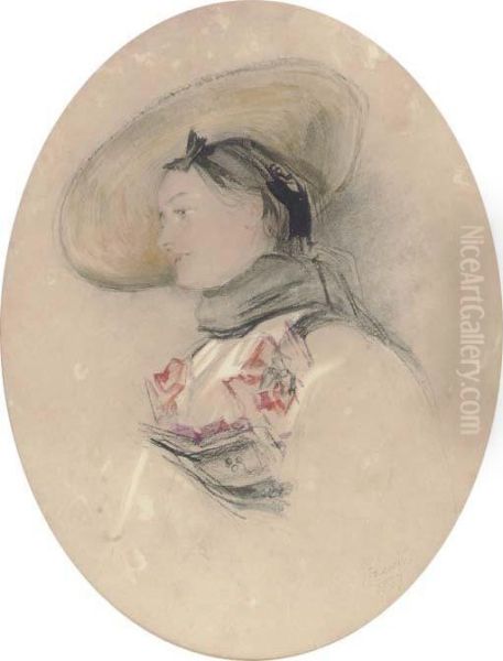 A Lady In A Straw Hat With A Black Scarf Oil Painting by John Frederick Lewis