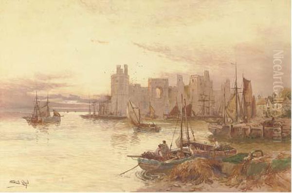 Carnaervon Castle From Across The Water Oil Painting by Walker Stuart Lloyd