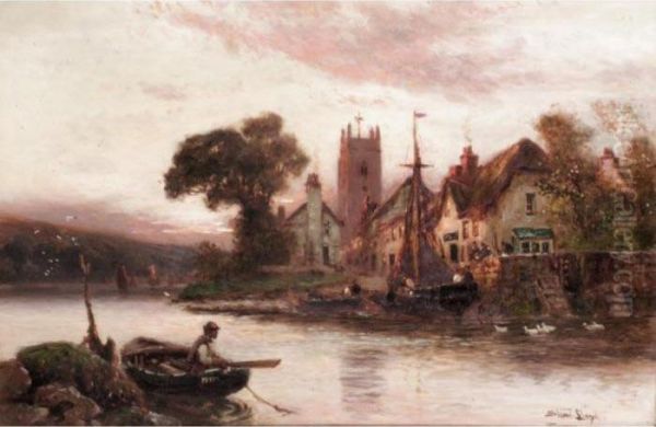 A Riverside Village Scene Oil Painting by Walker Stuart Lloyd