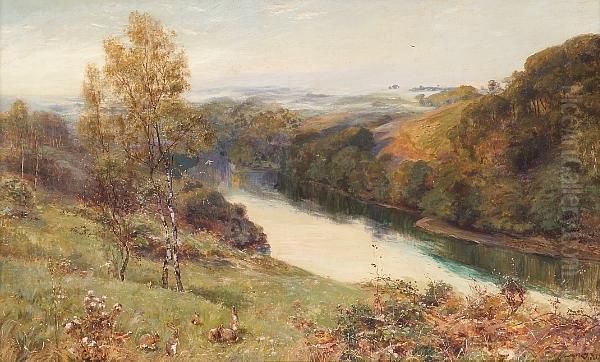 A River Landscape With Rabbits In The Foreground Oil Painting by Walker Stuart Lloyd