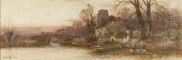 A River Landscape With Figures And Ferry Oil Painting by Walker Stuart Lloyd