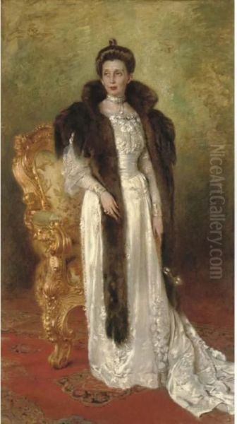 Portrait Of A Lady In A White Dress And Fur Stole Oil Painting by Konstantin Egorovich Egorovich Makovsky