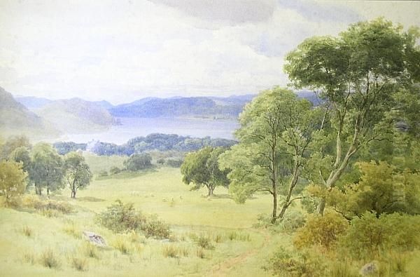 A Lake Landscape, With Sheep Grazing In Parkland Oil Painting by John Henry Mole