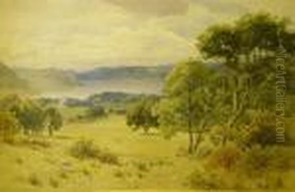 A Lake Landscape, With Sheep Grazing In Parkland Oil Painting by John Henry Mole