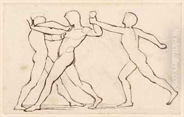 A Group of Three Wrestling Figures Oil Painting by John Flaxman