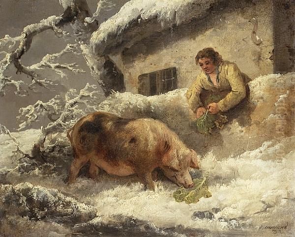 A Winter Landscape With A Farmer Feeding His Pig Oil Painting by George Morland