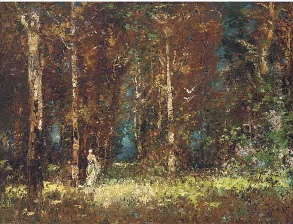 Figures In A Woodland Glade Oil Painting by Thomas E. Mostyn