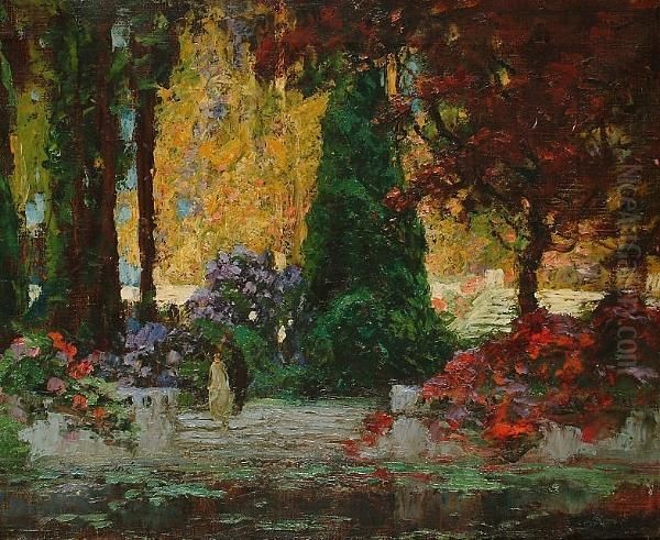 Figures In A Garden Oil Painting by Thomas E. Mostyn