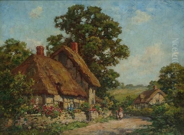 Cottage Scene Near Dorking, Surrey Oil Painting by Thomas E. Mostyn