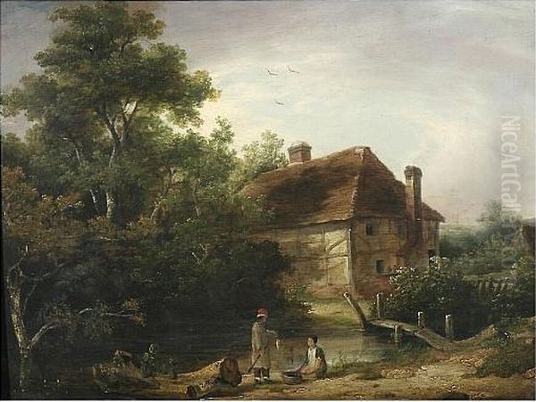 Woodland Scene With Cottage And Figures Fishing At A Stream Oil Painting by Patrick, Peter Nasmyth