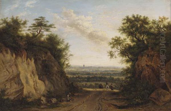 Figures On A Path In An Extensive Landscape Oil Painting by Patrick, Peter Nasmyth