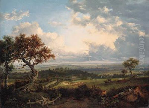 An Extensive Landscape, With Figures And Cattle In The Foregroundand A Village Beyond Oil Painting by Patrick, Peter Nasmyth