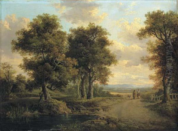 A Wooded Landscape With A Pond In The Foreground And Figures On A Path In The Distance Oil Painting by Patrick, Peter Nasmyth