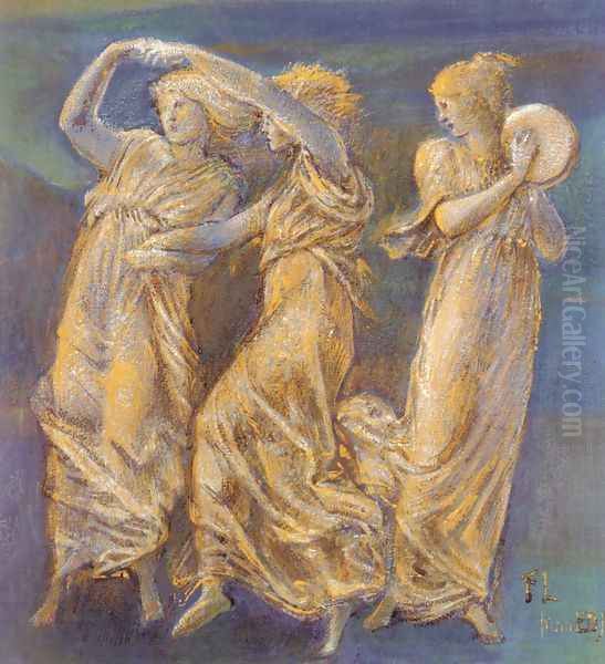 Three Female Figures Dancing And Playing Oil Painting by Sir Edward Coley Burne-Jones