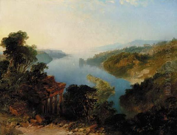 An Italianate Lake Landscape Oil Painting by Edmund John Niemann, Snr.